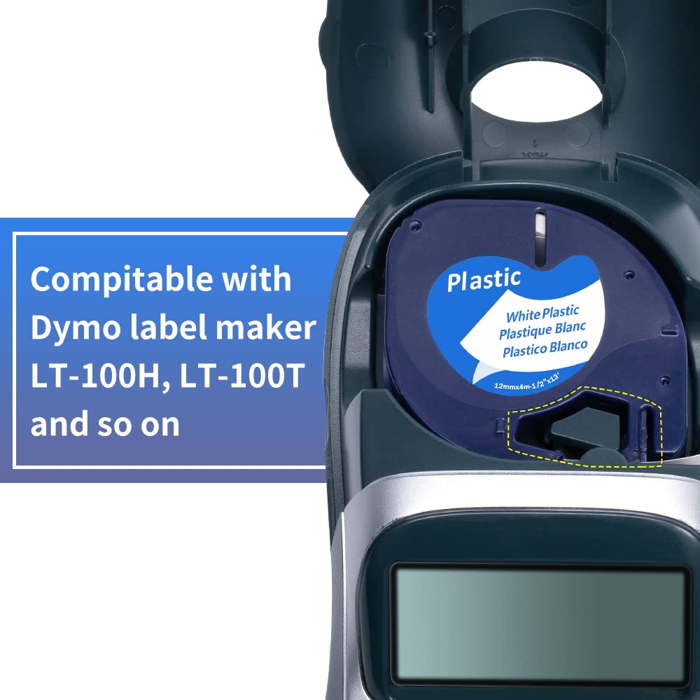 Freshworld DYMO LetraTag Refills Tape, Replaced 91331 Plastic Labels Tape, Black on White,1/2Inch x 13Feet(12mm x 4m), for DYMO LetraTag Plus LT100H LT100T QX50 Label Makers, 10-Pack