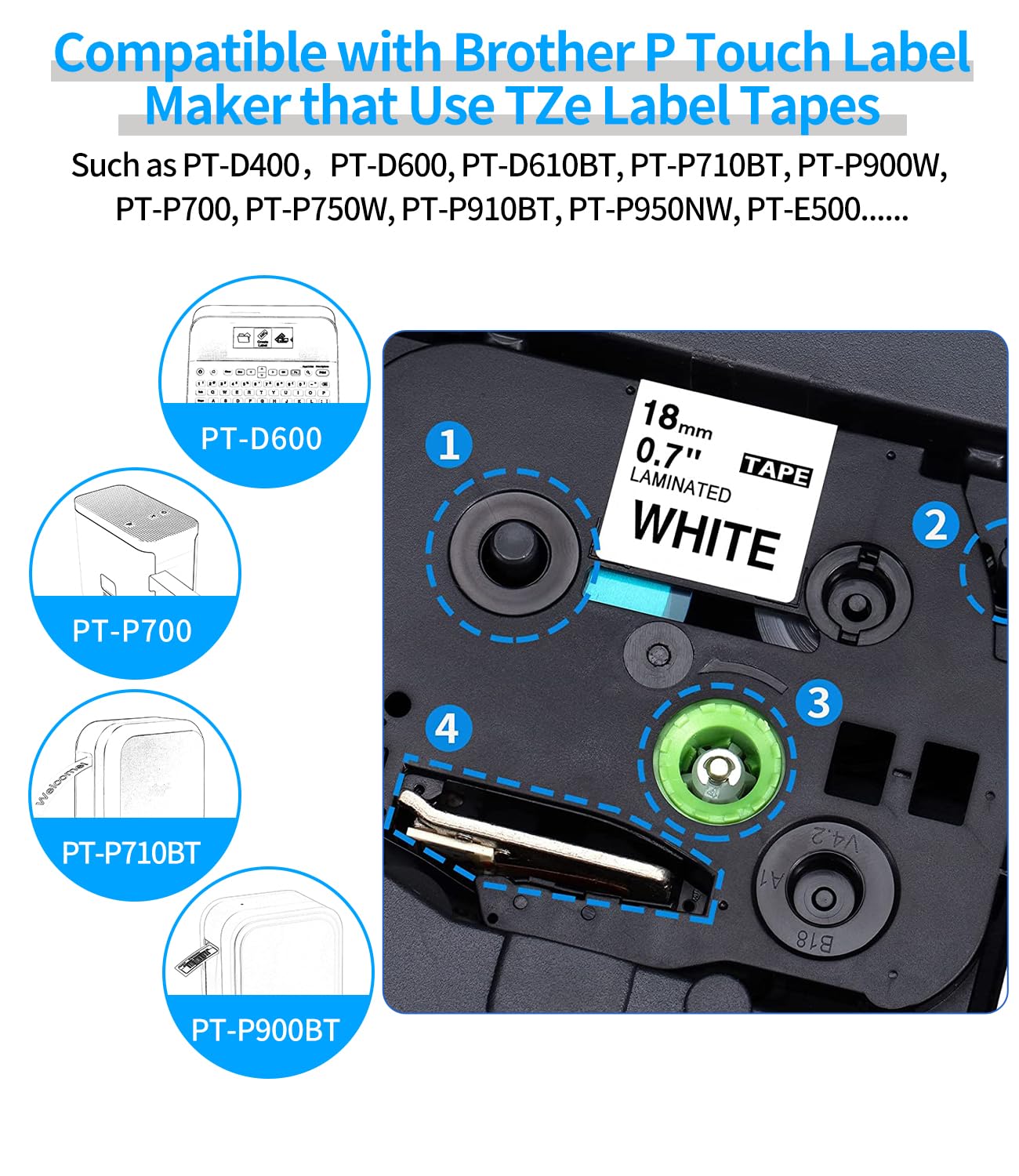 4-Pack Tz Tape 18mm 0.7 Laminated White TZe-241 TZe241 3/4'',Compatible Brother P-Touch Label Maker Tape Refill,Black on White,3/4Inch x 26.2Feet,for Brother Ptouch PTD400 PTD410 PTD600 Label Maker