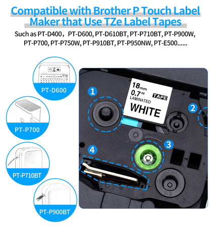 4-Pack Tz Tape 18mm 0.7 Laminated White TZe-241 TZe241 3/4'',Compatible Brother P-Touch Label Maker Tape Refill,Black on White,3/4Inch x 26.2Feet,for Brother Ptouch PTD400 PTD410 PTD600 Label Maker