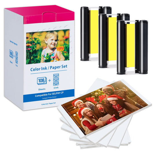 Compatible Canon Selphy CP1300 Ink and Paper KP-108IN KP108 3 Color Ink Cartridges and 108 Sheets 4x6 Photo Paper Glossy for Canon Selphy CP1300, CP1200, CP1000, CP910, CP900 Compact Photo Printers